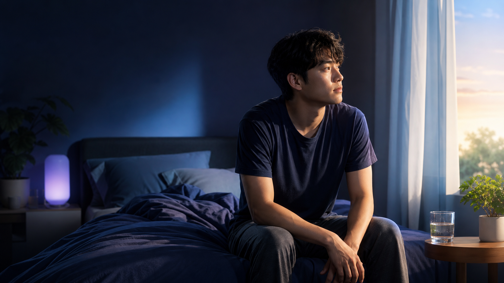 A person waking in soft morning light and taking time to become alert