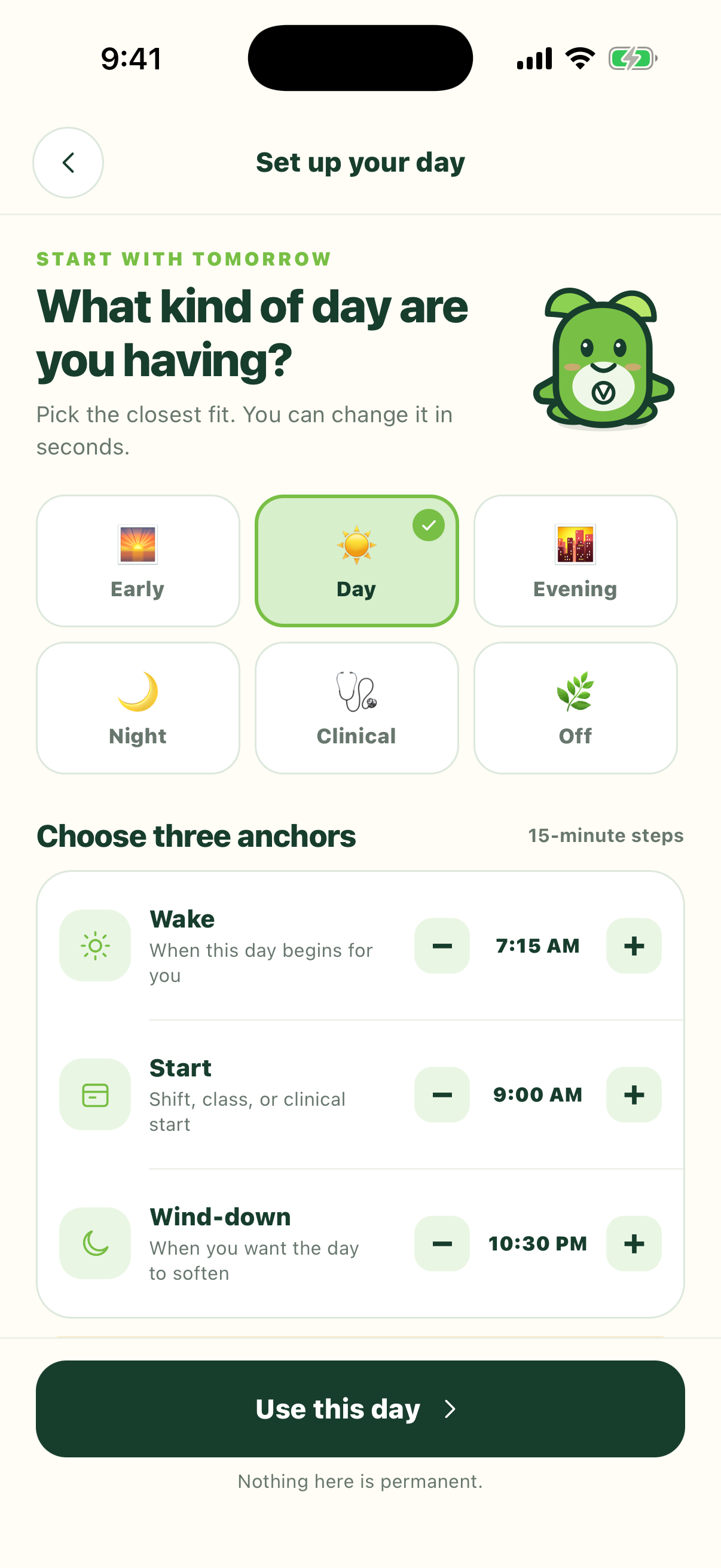 Volyia screen showing early, day, evening, night, clinical, and off day types