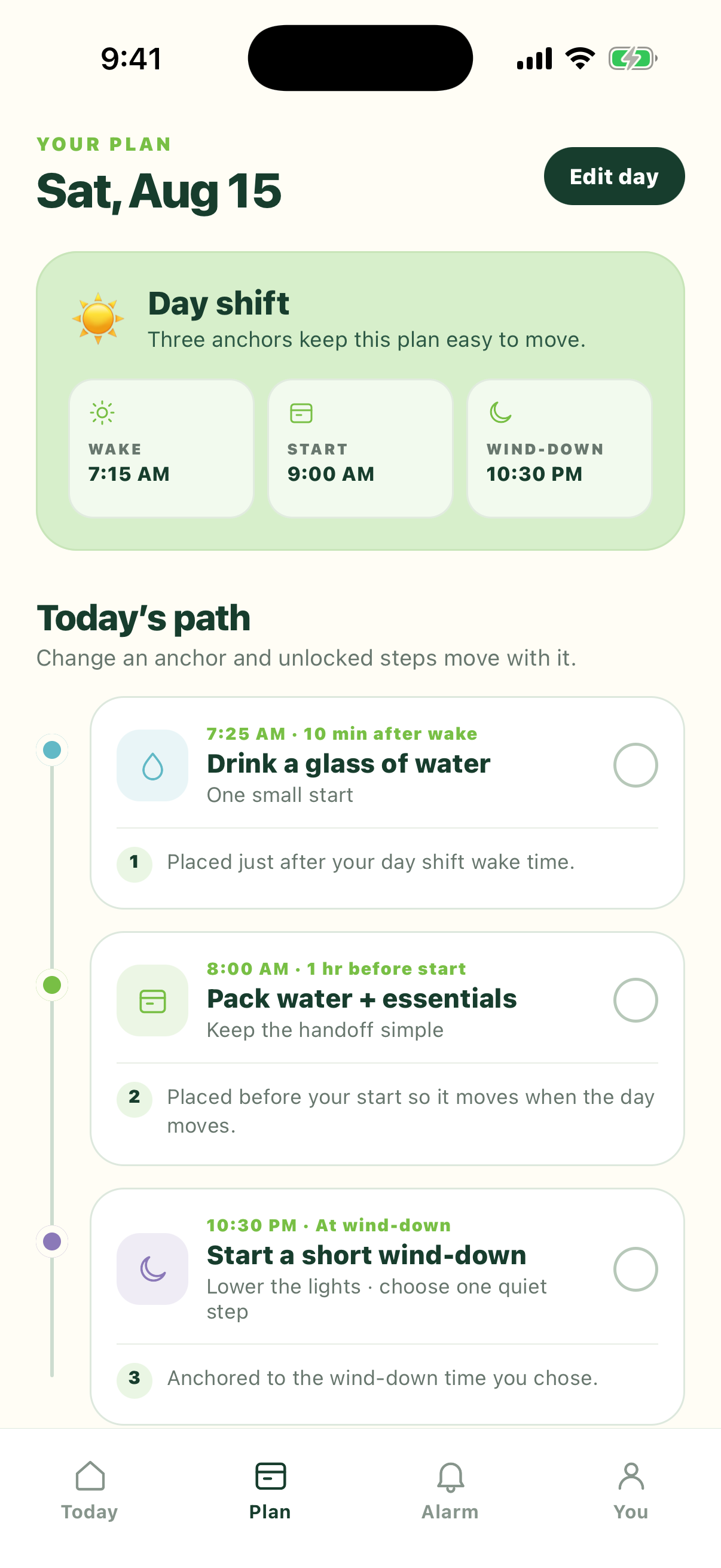 Real Volyia screen showing a day plan with wake, start, wind-down, and three routine steps